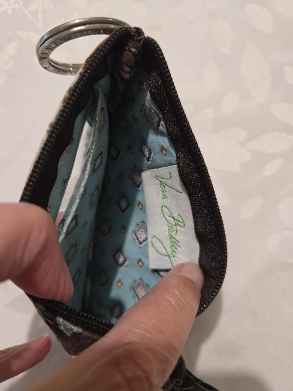Vera Bradley Brown and Aqua Paisley Keyring ID Pouch with Logo Ring - Picture 4 of 4